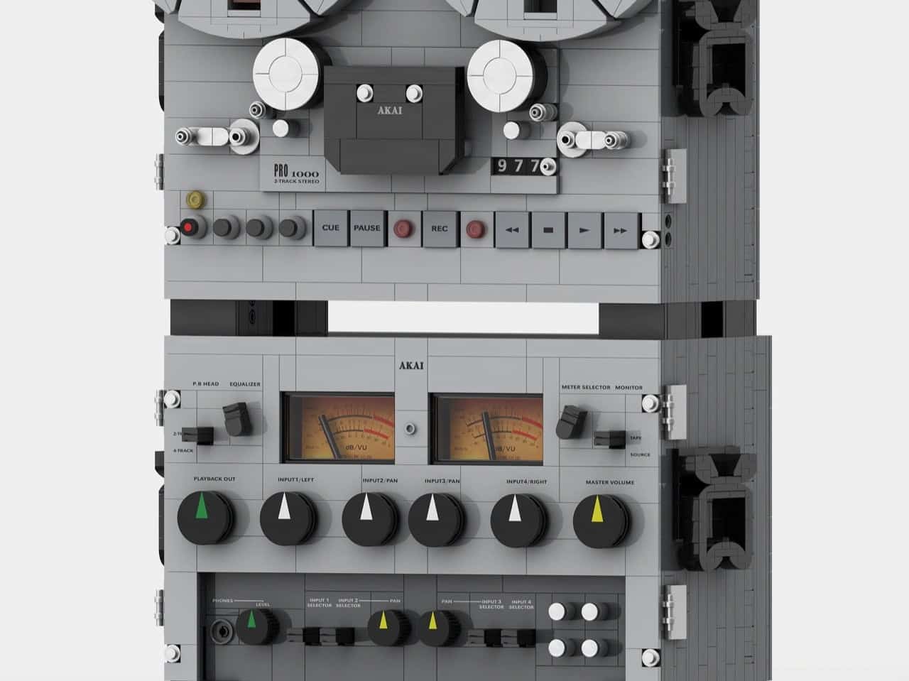 Detailed front panel of the LEGO AKAI deck with controls and tape counter