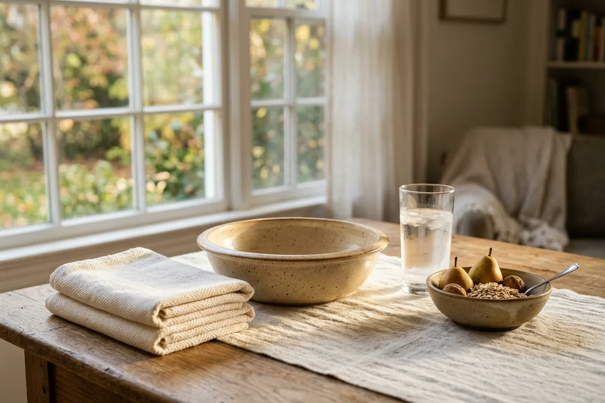 Folded towels, a ceramic basin, a glass of water and a bowl of pears and oats on a wooden table
