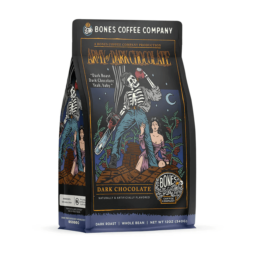 Bones Coffee Company dark chocolate coffee packaging featuring a skeleton with a chainsaw illustration.