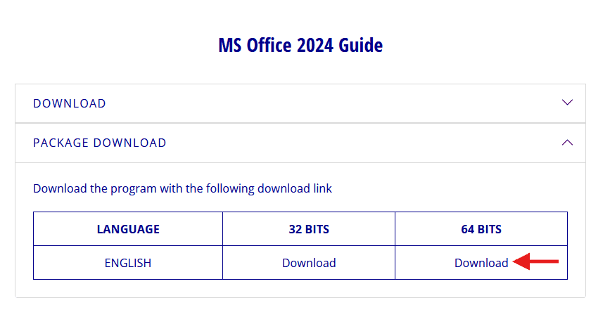Office 2024 package download showing 32-bit and 64-bit installation options