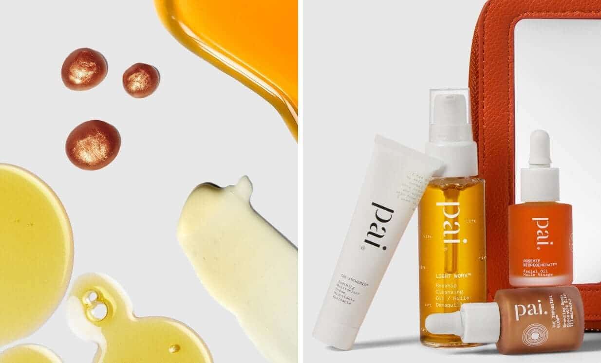 Pai Skincare discovery set featuring Light Work Cleansing Oil, Rosehip BioRegenerate Oil, and The Anthemis Soothing Moisturiser with natural skincare textures