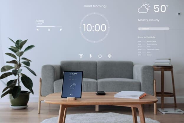 Living room with a smart home control panel displayed on a tablet, showing the time, weather, music controls, and a schedule.