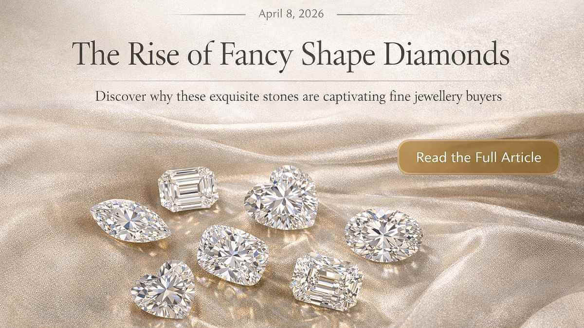 Fancy shape loose diamonds arranged on champagne silk with editorial text overlay reading The Rise of Fancy Shape Diamonds