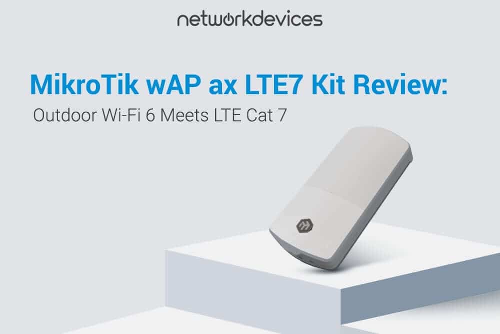 Network Devices blog featured image showing the MikroTik wAP ax LTE7 kit, a compact white and grey outdoor access point standing on a minimalist display platform