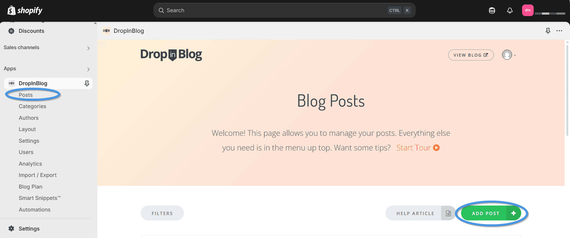 Accessing Posts tab in the DropInBlog app