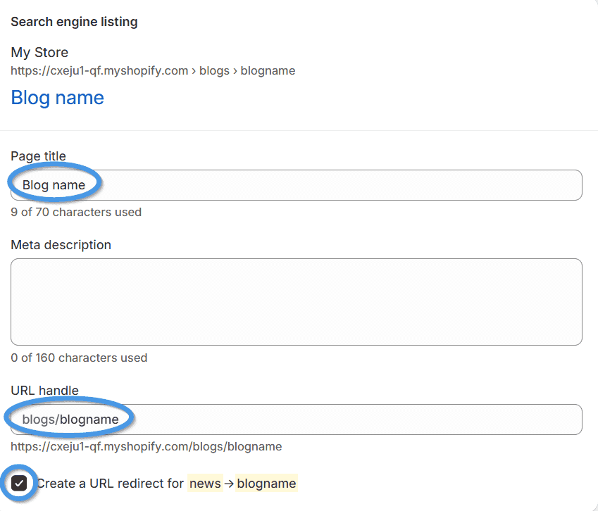 Search engine listing section in Shopify