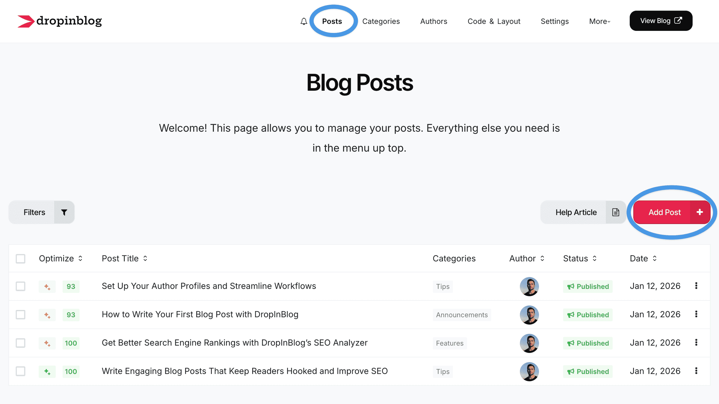 DropInBlog admin: Posts page
