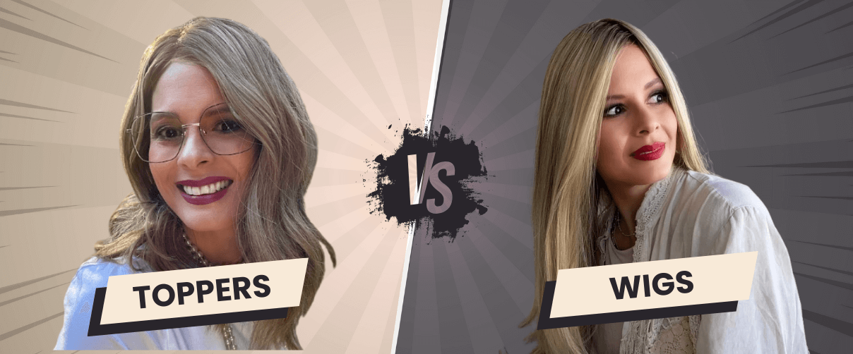 Blog header image comparing hair toppers and wigs, featuring a woman showcasing both options side by side.