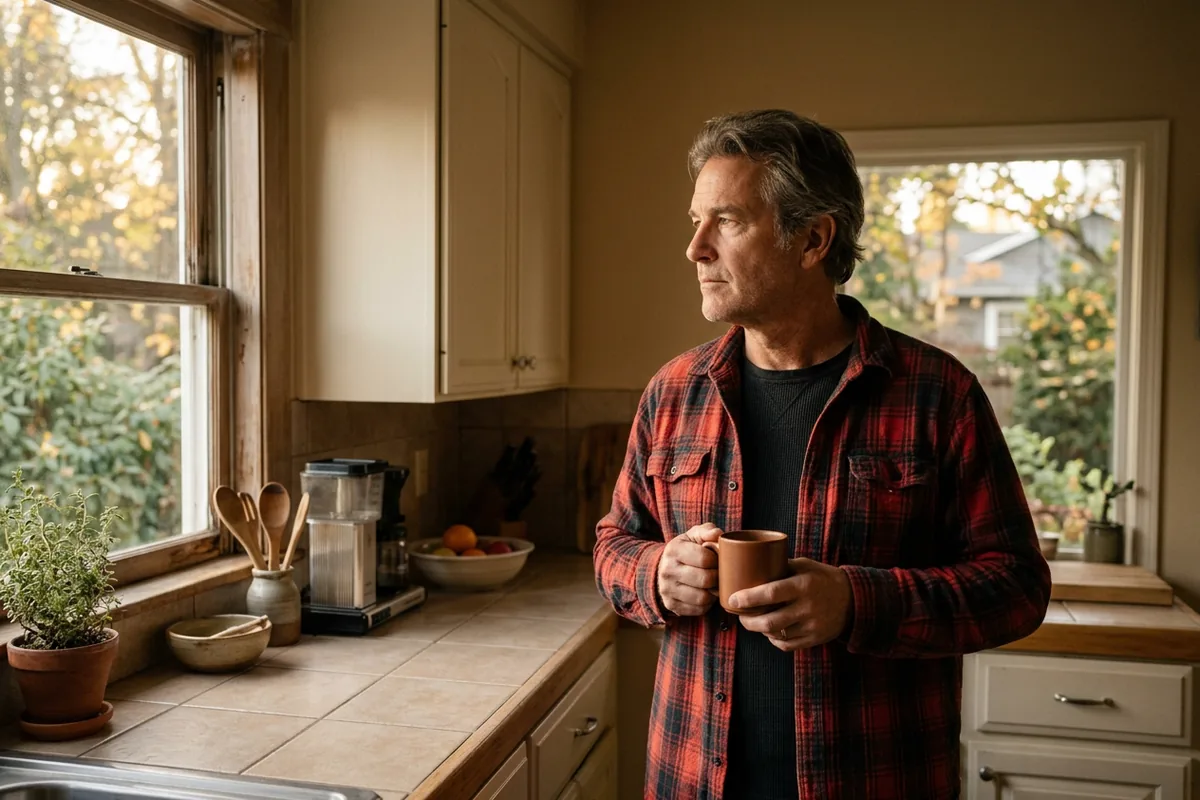 Man in his late fifties looking out his kitchen window with a cup of coffee in the morning
