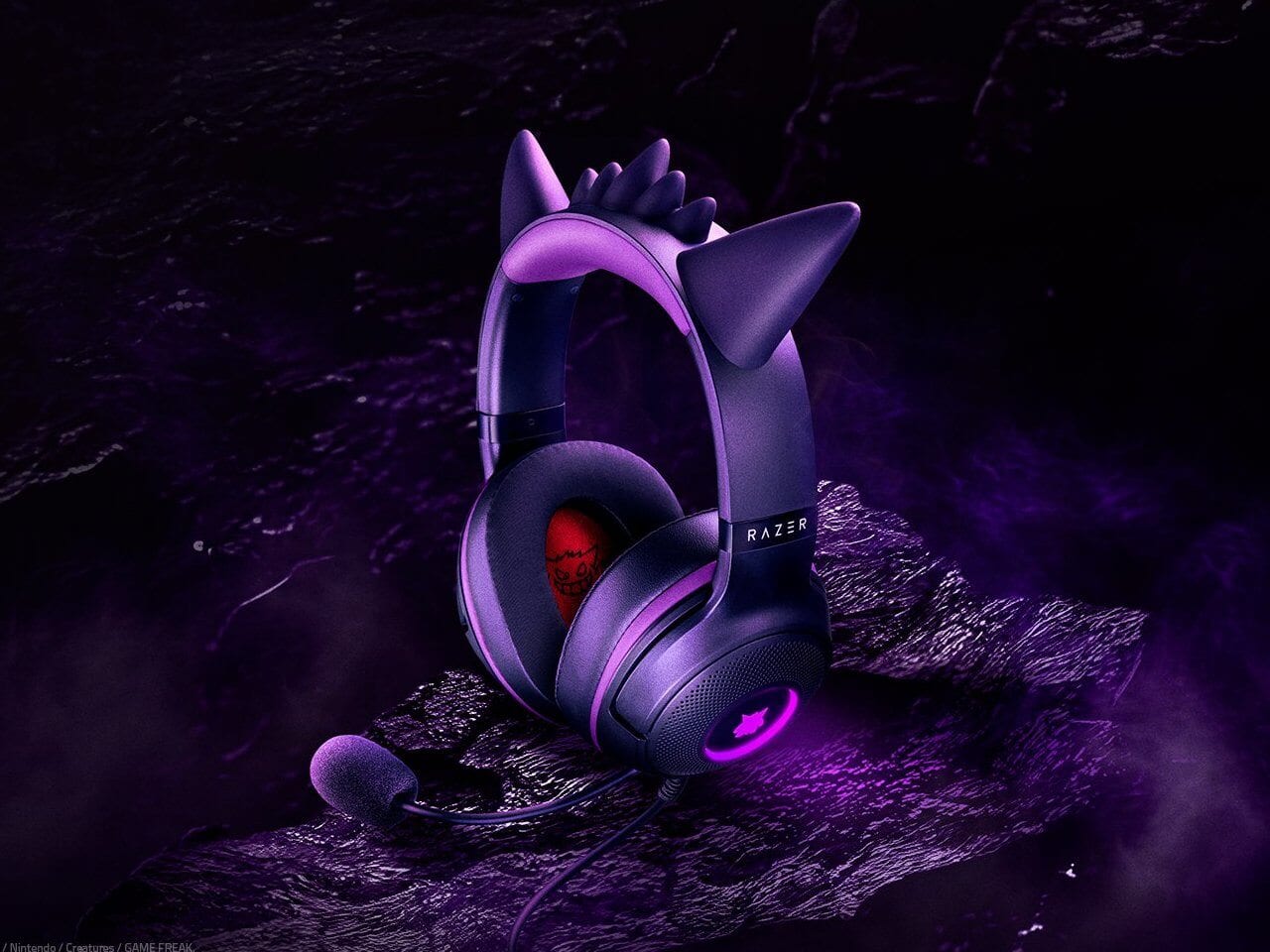 Close-up of the Gengar-themed kitty ears and glowing RGB lighting