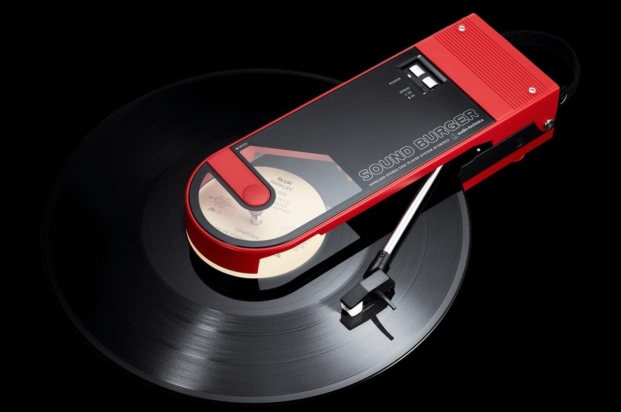 Audio-Technica Sound Burger portable turntable with record partially exposed