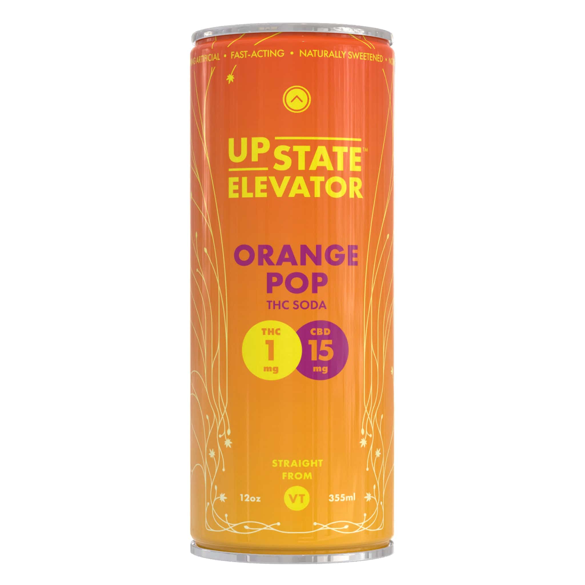 Upstate Elevator Orange Pop THC Soda can, 1mg THC and 15mg CBD