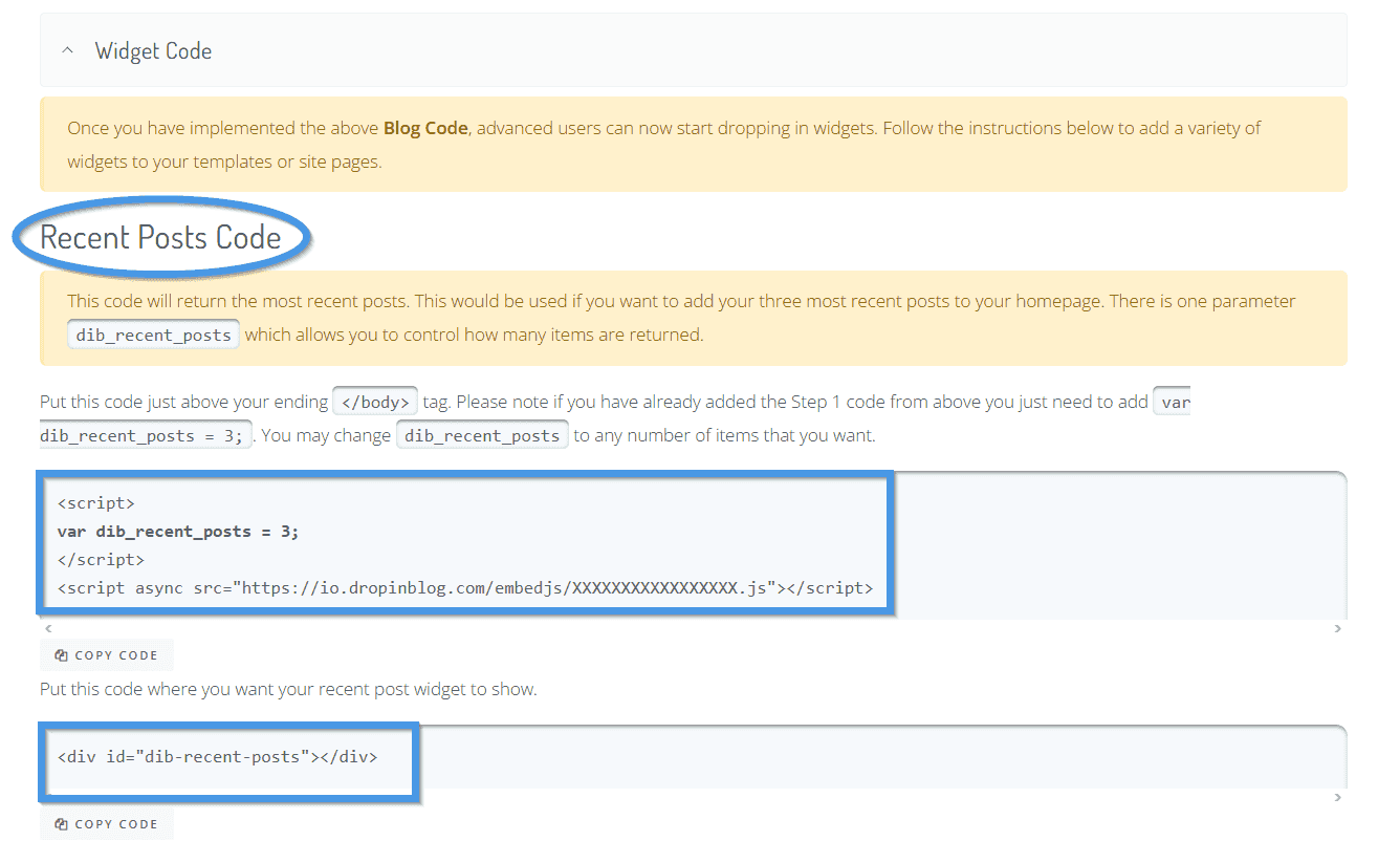 Recent posts widget code in DropInBlog