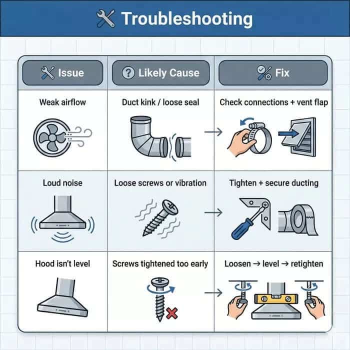 An infographic chart titled "Troubleshooting" listing three common range hood issues: Weak airflow, Loud noise, and Hood isn't level, alongside their likely causes and repair steps.