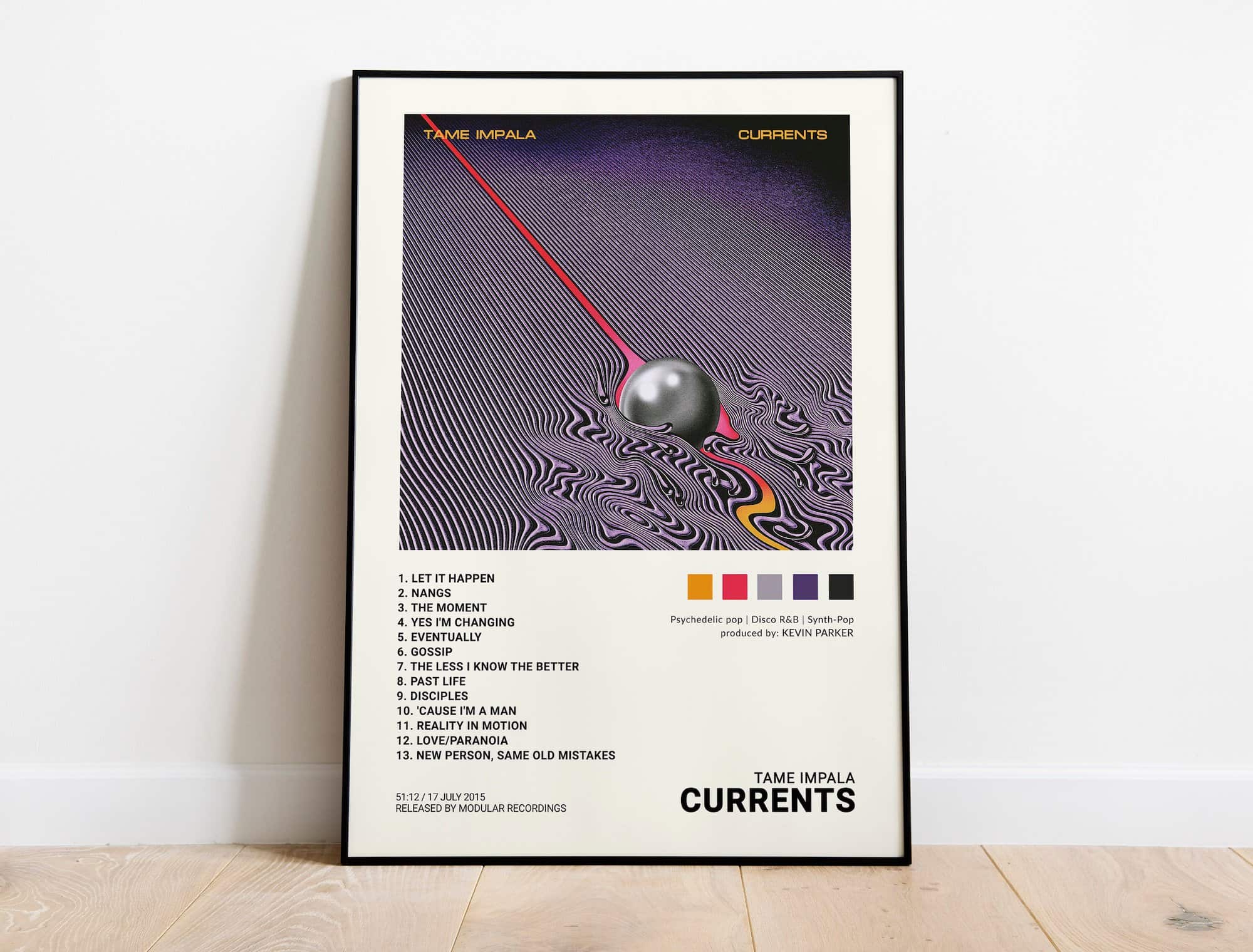 First gallery image of the Architeg Prints Tame Impala Currents tracklist poster, shown as a product illustration