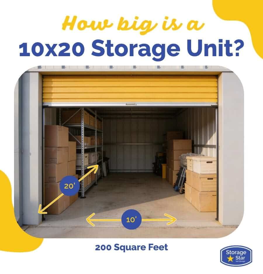 Diagram and real photo showing the layout and dimensions of a 10x20 storage unit with labeled width and depth