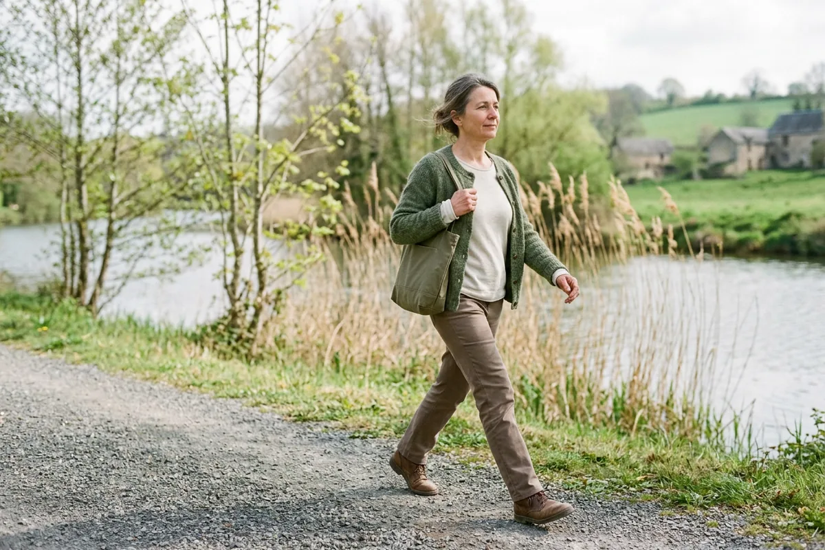 Femme d'une cinquantaine d'années qui marche d'un bon pas sur un chemin au bord d'une rivière