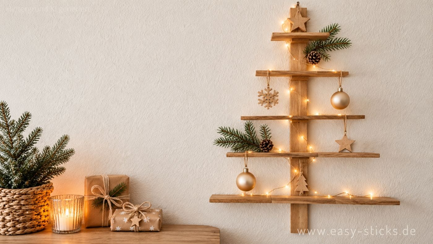 Baumregal selber bauen: Mit Easy-Sticks entsteht ein dekoratives Regal in Baumform für Weihnachtsdeko, Lichterketten oder einen Adventskalender.
