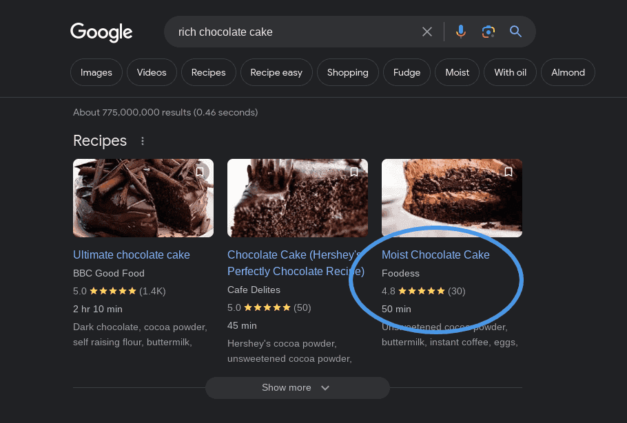 Schema markup in DropInBlog - rich snippets example