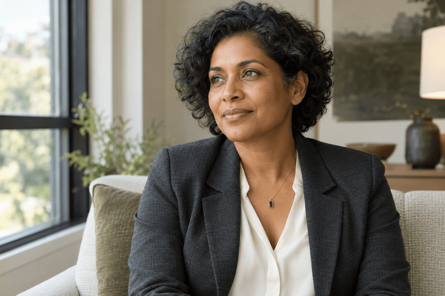 Woman in a charcoal jacket and cream blouse wearing a small green gemstone pendant beside a softly lit window.
