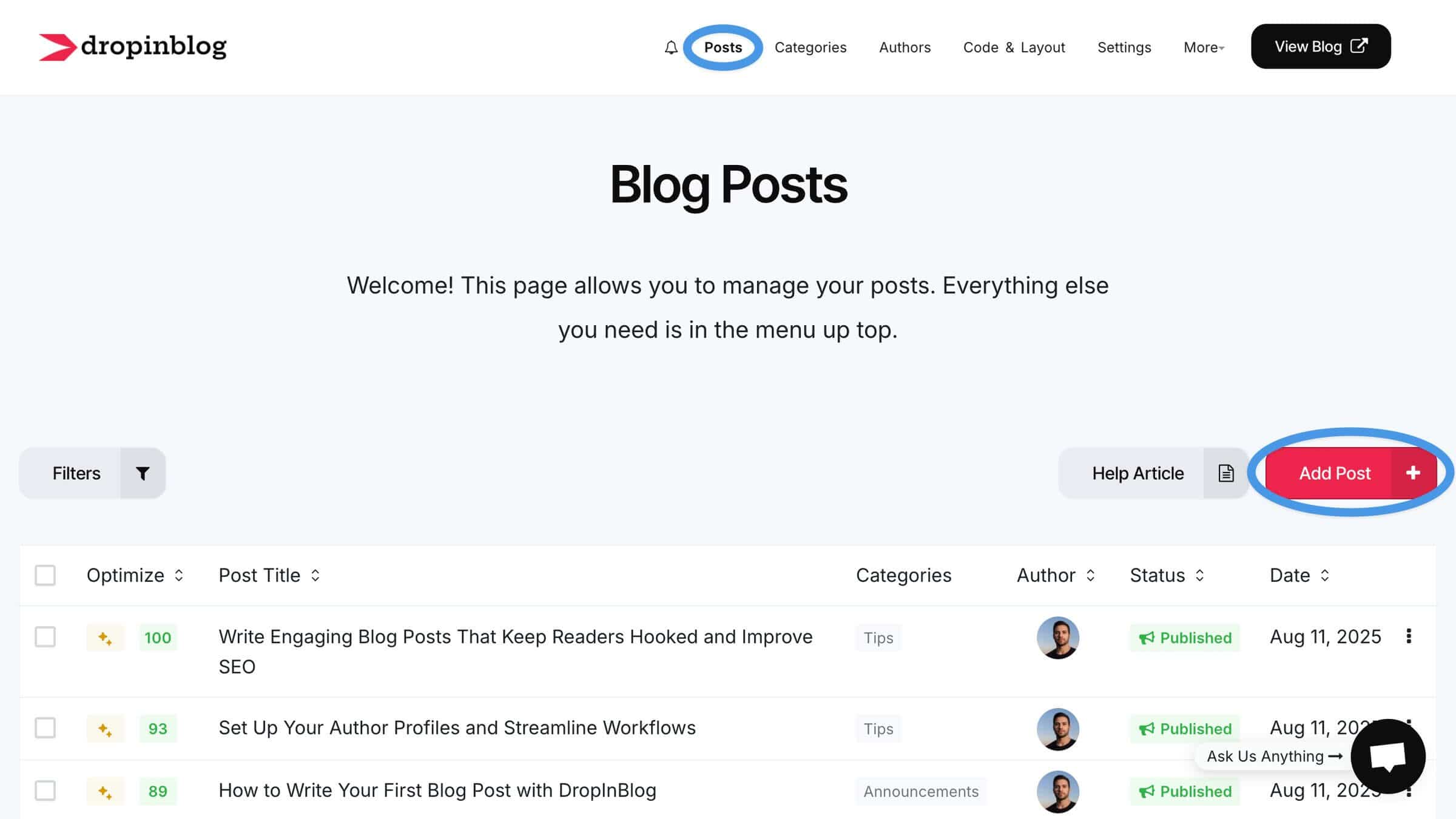 DropInBlog admin: Posts page