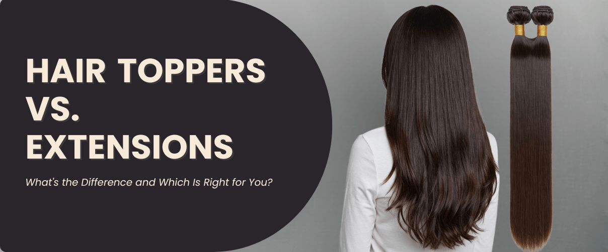 Comparison image illustrating hair toppers and extensions, highlighting their differences in style and application.