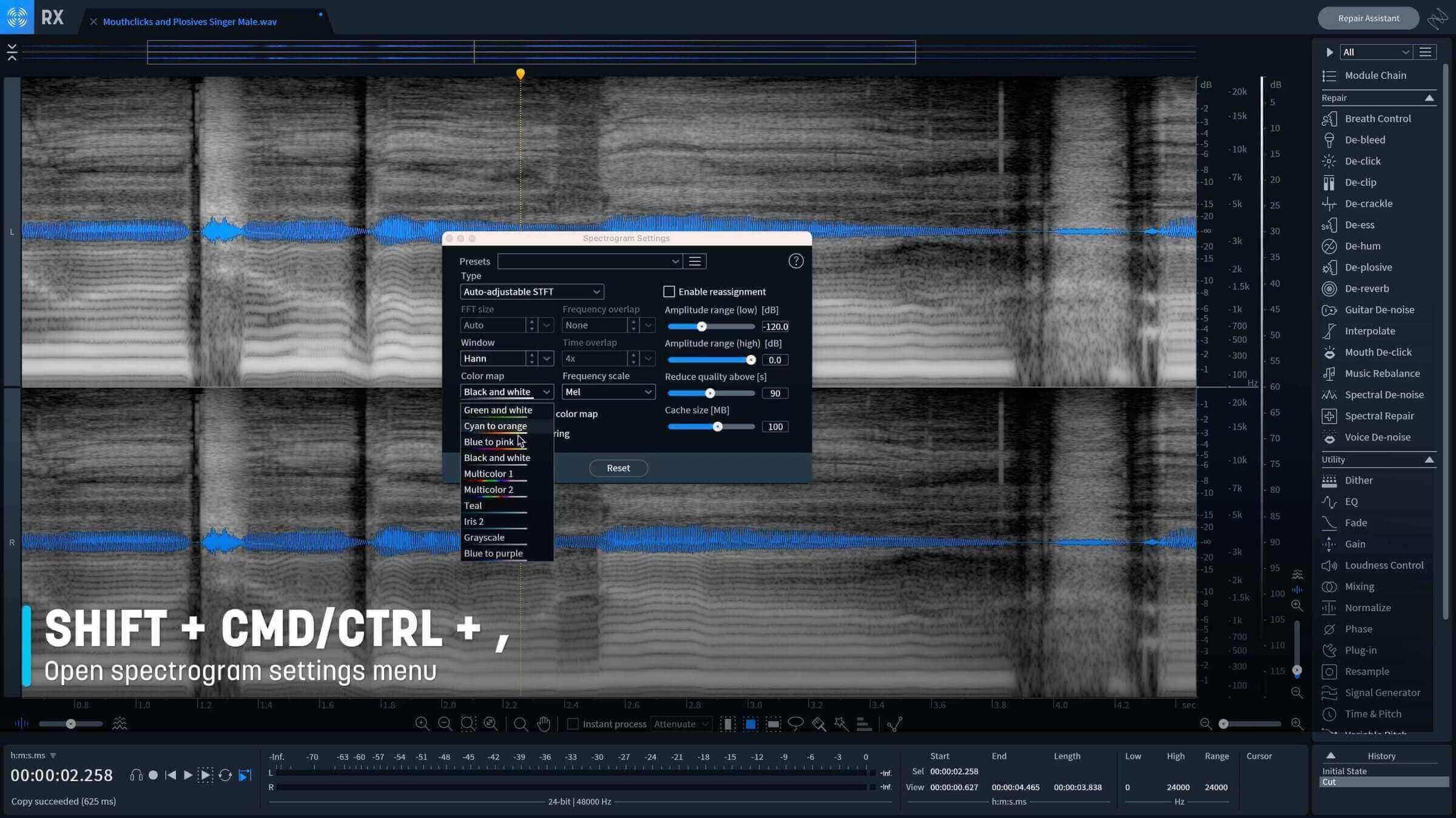 Alter aspects of the spectrogram’s colormap and type of calculation algorithm by pressing shift, command or control, and comma