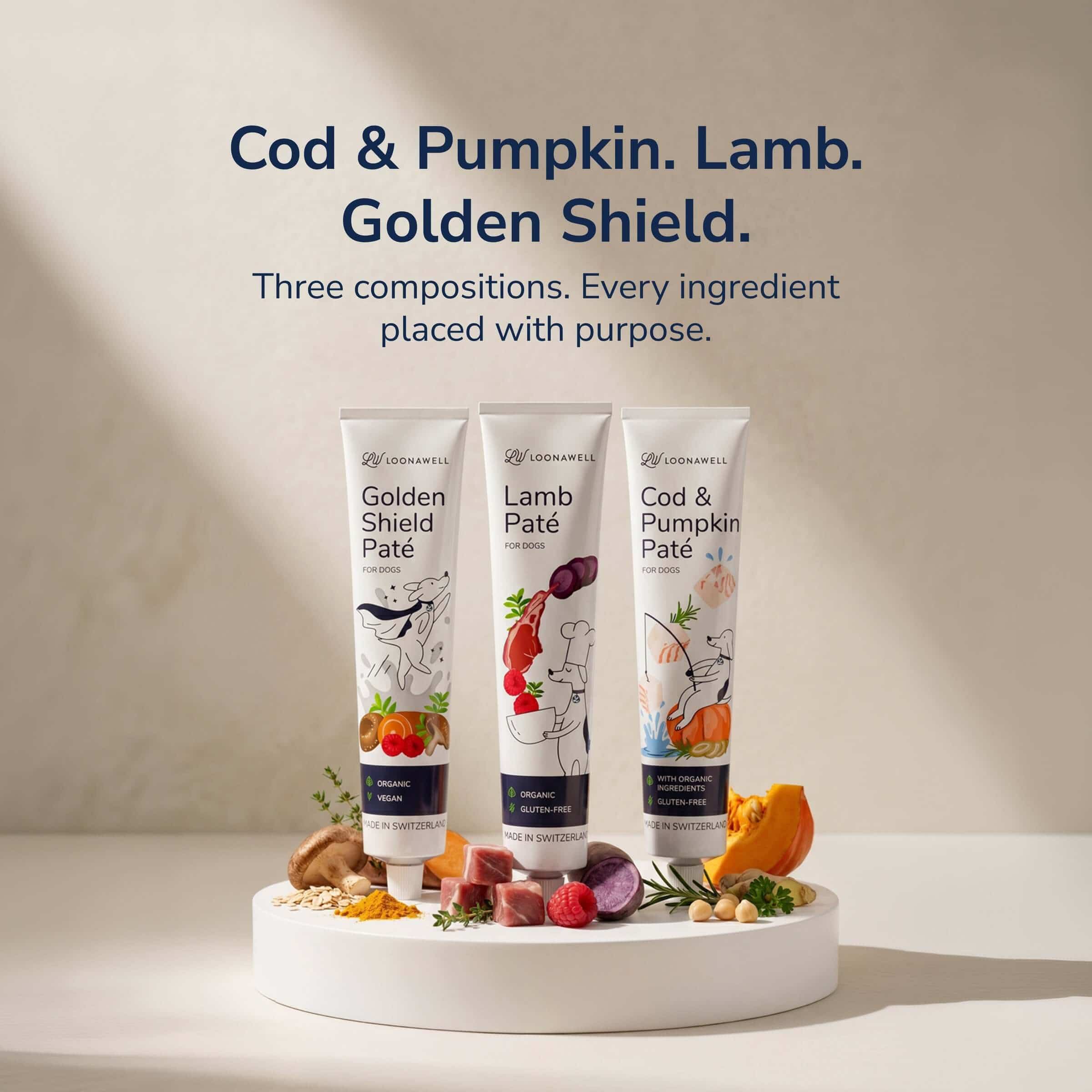 Three New Patés by LOONAWELL. Cod & Pumpkin, Lamb and Golden Shield.