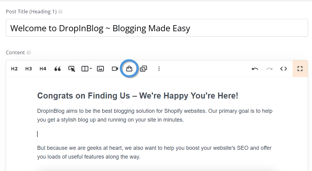 Insert a product from DropInBlog's post editor