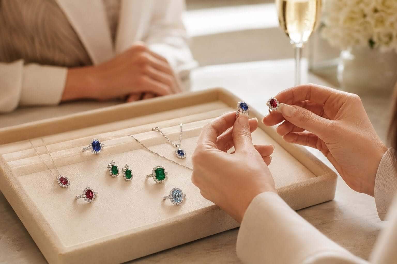 Hands comparing ruby, sapphire, emerald and aquamarine diamond jewellery on an ivory jewellery tray.