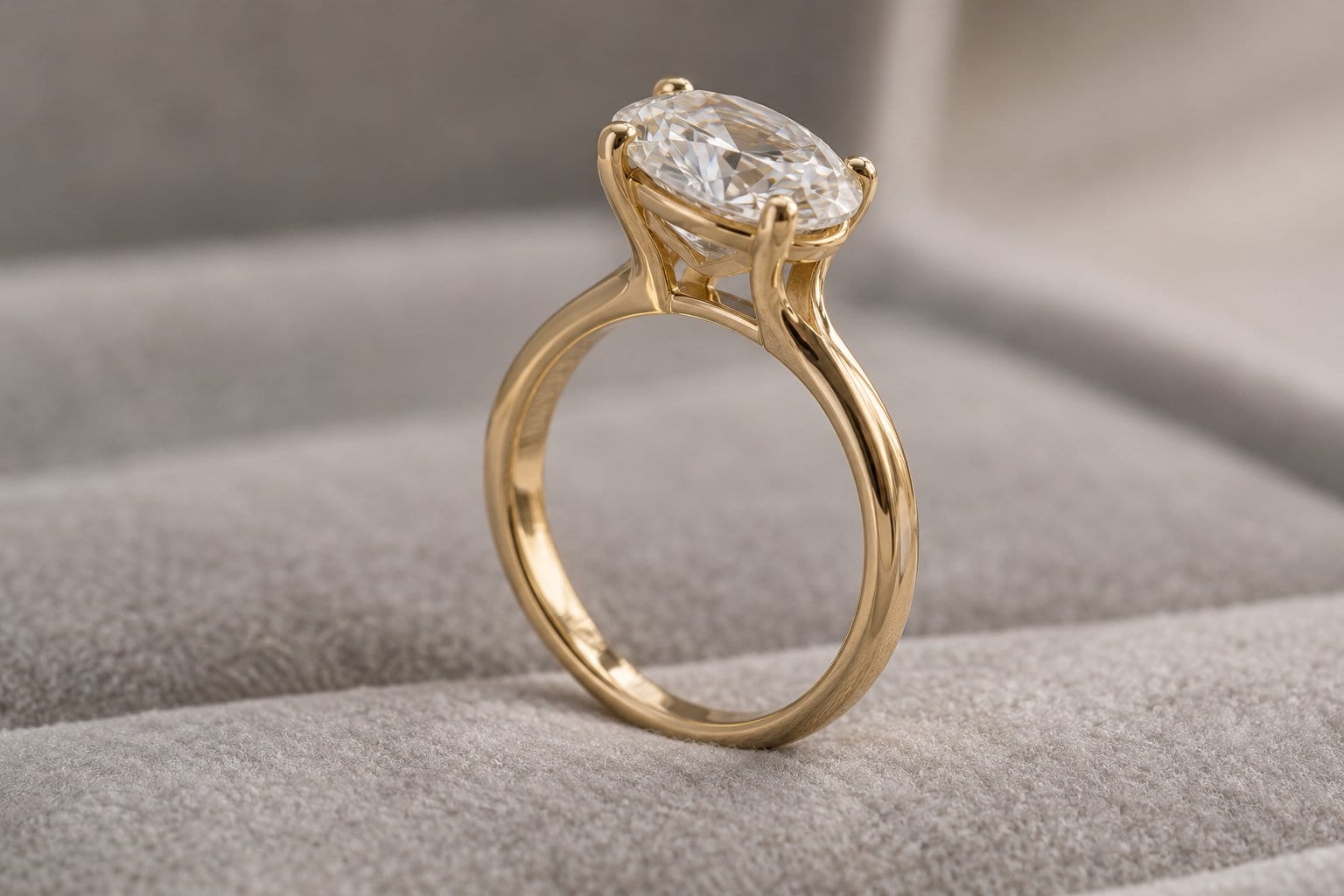 Side view of an oval diamond solitaire ring showing its setting and band.